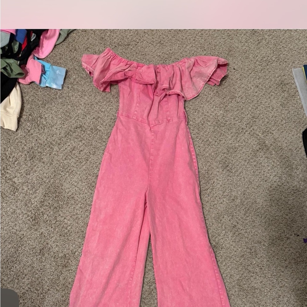 Off-Shoulder Pink Wide-Leg Jumpsuit